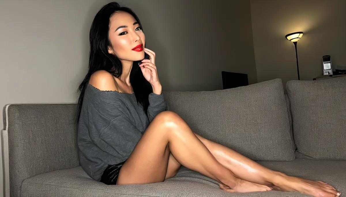Slim woman with long black hair and red lipstick in a grey sweater on a sofa, AI-generated decorative image