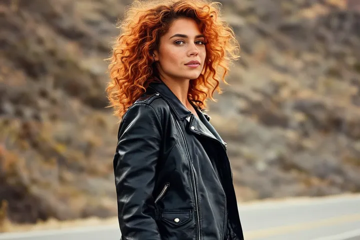 Slim adult woman with long copper curls in a black leather jacket on a hillside road, AI-generated decorative image