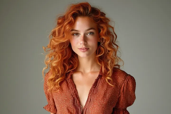 Slim adult woman with long copper curls in a rust-coloured V-neck blouse against a plain grey backdrop, AI-generated decorative image