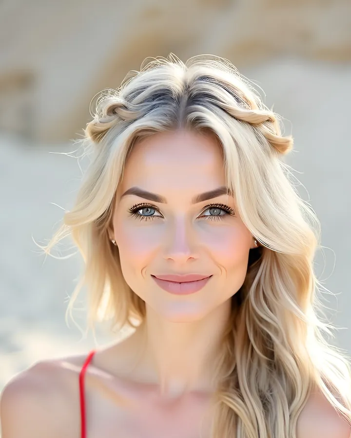 Smiling woman with long blonde braided hair in a red top on a sunny beach, decorative image
